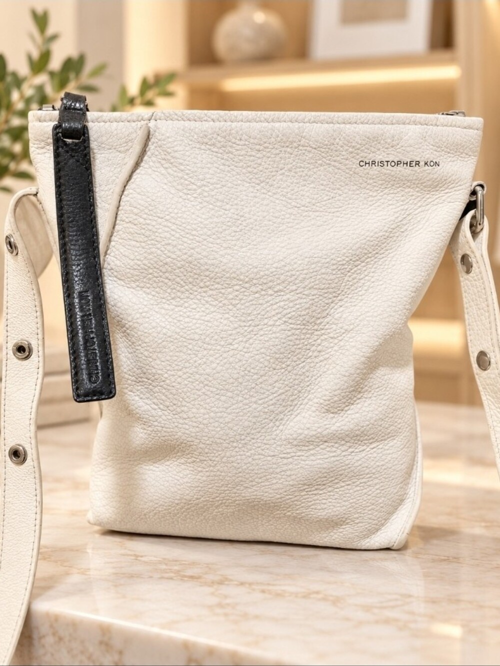 Christopher Kon White Pebbled Leather Crossbody Shoulder Bag